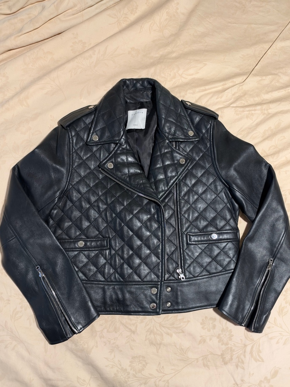 Sandro Black Quilted Leather Moto Jacket